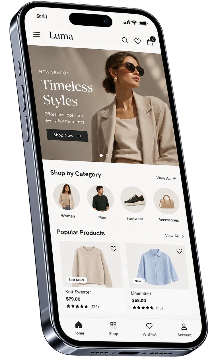 Shopify storefront on a phone showing product categories and popular products