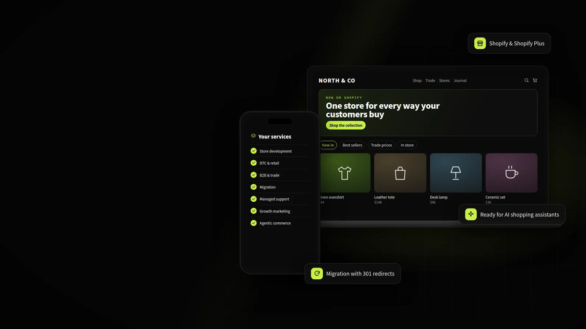 Designer's studio workspace with a Shopify store on screen