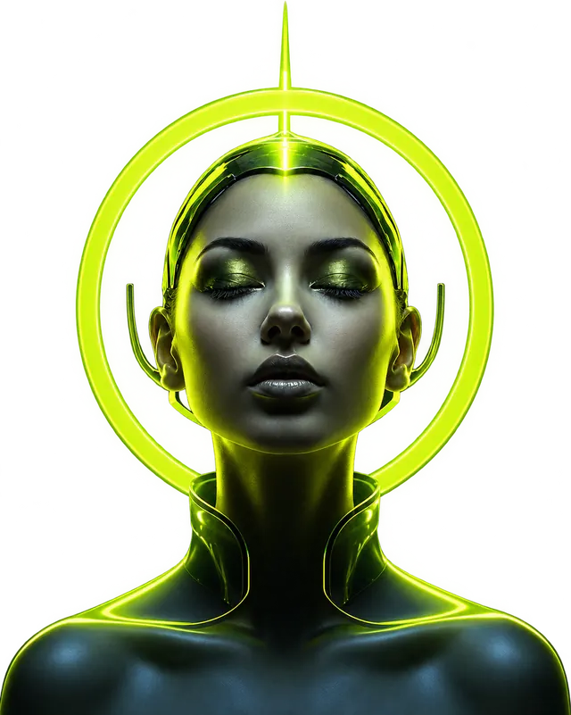 Portrait of a woman framed by a glowing lime halo