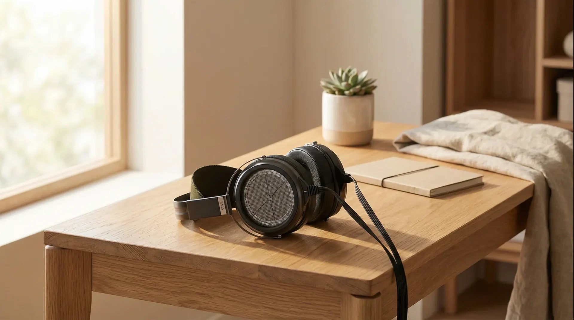 Headphones, a notebook and a small plant on a wooden desk