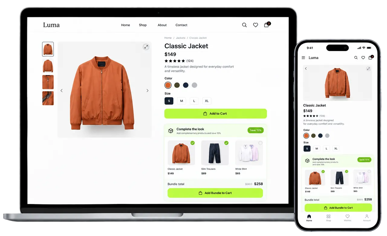 Product page on a laptop and phone with a "Complete the look" bundle