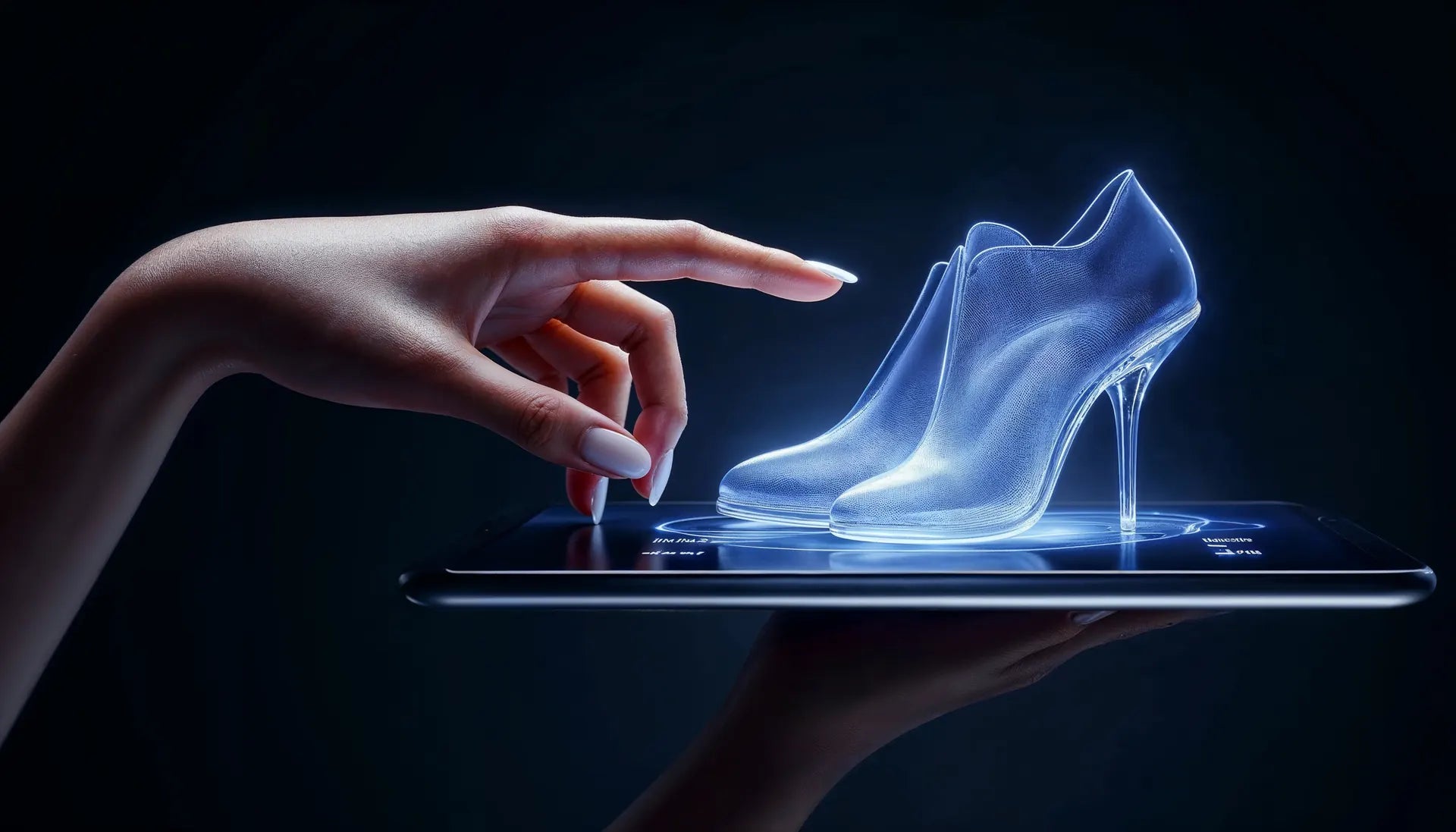 A hand reaching towards a holographic glass shoe projected above a tablet